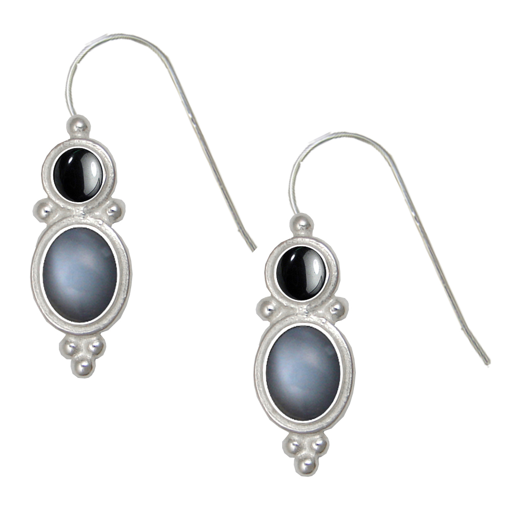 Sterling Silver Drop Dangle Earrings Grey Moonstone And Hematite